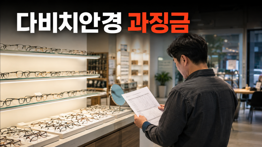 안경점에서 판매 자료를 확인하는 비식별 점주와 진열된 안경테를 통해 다비치안경 과징금 사안을 표현한 장면