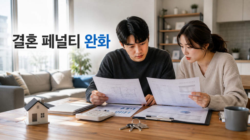주택 계약 자료와 대출 서류를 함께 살펴보는 비식별 신혼부부의 모습