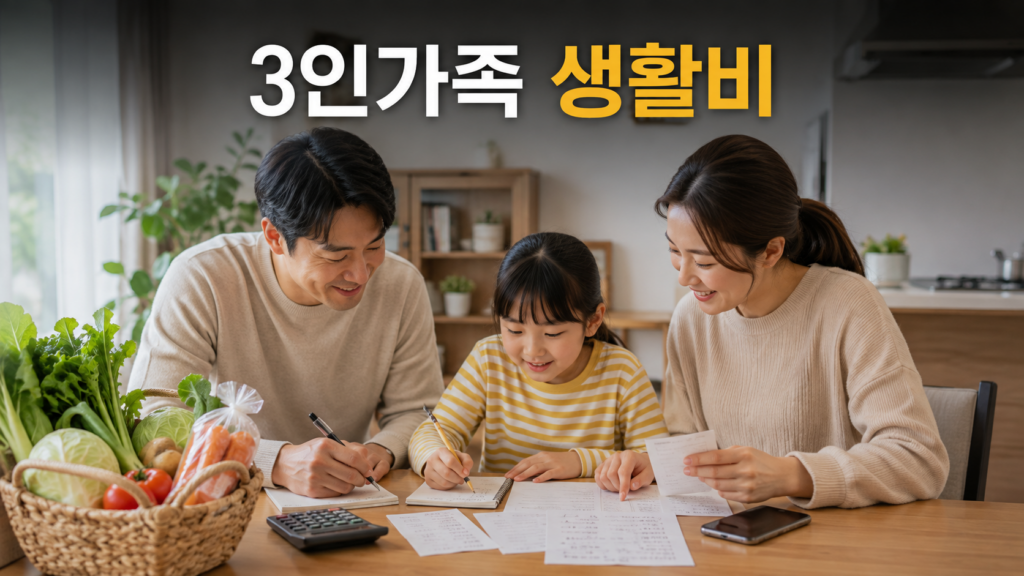 식비와 공과금, 교육비 자료를 놓고 가계 예산을 살펴보는 비식별 3인 가족의 모습