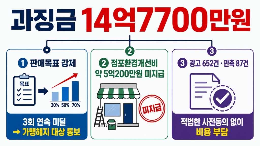 다비치안경체인 과징금 14억7700만원의 세 가지 주요 가맹사업법 위반 사유를 정리한 그래픽
